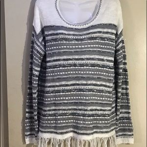 Grey and white striped sweater with fringes